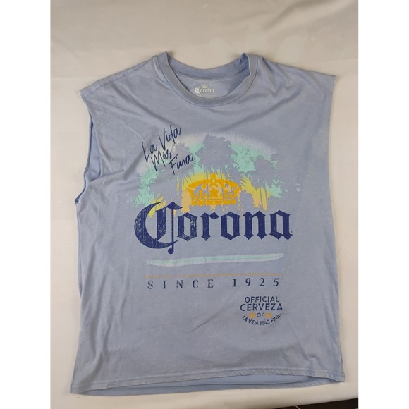 Corona Extra Beer Graphic Sleeveless T-Shirt Blue La Vida Mas Fina Menswear - Picture 1 of 3